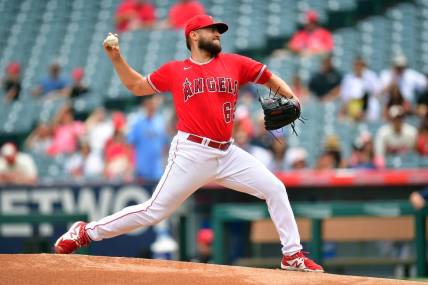 Aug 19, 2023; Anaheim, California, USA; Los Angeles Angels starting pitcher Chase Silseth (63) throws against the Tampa Bay Rays during the first inning at Angel Stadium. Mandatory Credit: Gary A. Vasquez-USA TODAY Sports