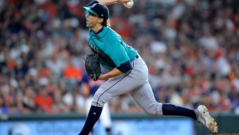 Aug 19, 2023; Houston, Texas, USA; Seattle Mariners starting pitcher Logan Gilbert (36) delivers a pitch against the Houston Astros during the first inning during the first inning at Minute Maid Park. Mandatory Credit: Erik Williams-USA TODAY Sports