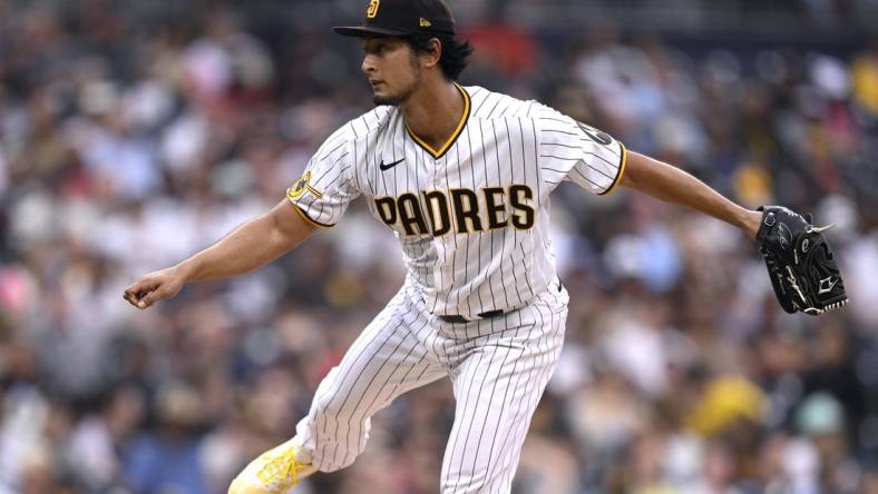 Aug 19, 2023; San Diego, California, USA; San Diego Padres starting pitcher Yu Darvish (11) throws a pitch against the Arizona Diamondbacks during the third inning at Petco Park. Mandatory Credit: Orlando Ramirez-USA TODAY Sports