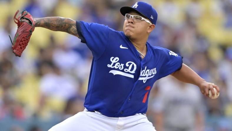 Aug 19, 2023; Los Angeles, California, USA;  Los Angeles Dodgers starting pitcher Julio Urias (7) throws to the plate in the first inning against the Miami Marlins at Dodger Stadium. Mandatory Credit: Jayne Kamin-Oncea-USA TODAY Sports