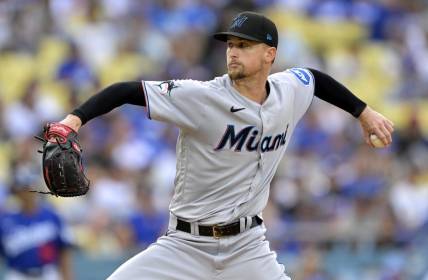 Aug 19, 2023; Los Angeles, California, USA;  Miami Marlins starting pitcher Braxton Garrett (29) throws to the plate in the first inning against the Los Angeles Dodgers at Dodger Stadium. Mandatory Credit: Jayne Kamin-Oncea-USA TODAY Sports