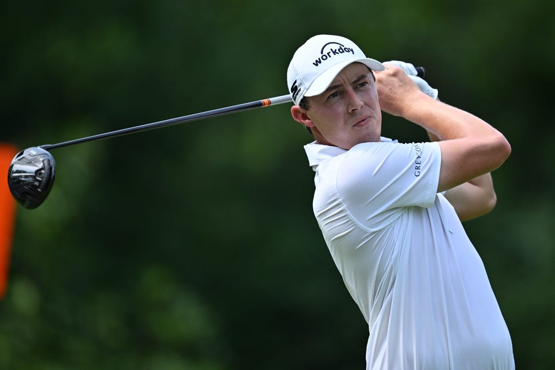 Aug 20, 2023; Olympia Fields, Illinois, USA; Matt Fitzpatrick tees off from the 3rd tee during the final round of the BMW Championship golf tournament. Mandatory Credit: Jamie Sabau-USA TODAY Sports