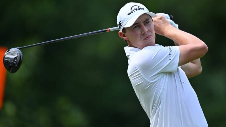 Aug 20, 2023; Olympia Fields, Illinois, USA; Matt Fitzpatrick tees off from the 3rd tee during the final round of the BMW Championship golf tournament. Mandatory Credit: Jamie Sabau-USA TODAY Sports