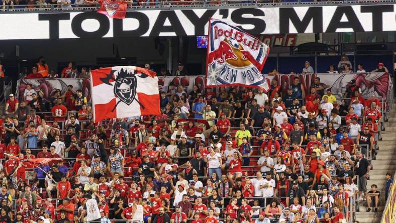 Aug 20, 2023; Harrison, New Jersey, USA; New York Red Bulls fans cheer during the first half against D.C. United at Red Bull Arena. Mandatory Credit: Vincent Carchietta-USA TODAY Sports