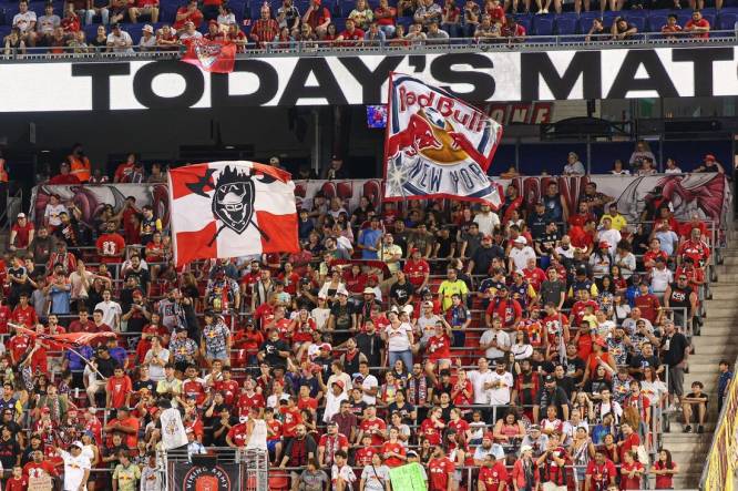 Aug 20, 2023; Harrison, New Jersey, USA; New York Red Bulls fans cheer during the first half against D.C. United at Red Bull Arena. Mandatory Credit: Vincent Carchietta-USA TODAY Sports