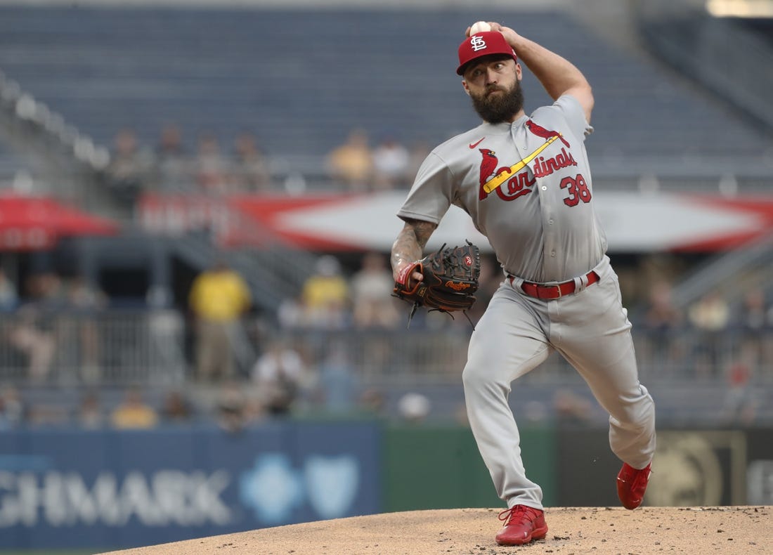 Aug 21, 2023; Pittsburgh, Pennsylvania, USA;  St. Louis Cardinals starting pitcher Drew Rom (38) delivers a pitch in his major league debut against the Pittsburgh Pirates during the first inning at PNC Park. Mandatory Credit: Charles LeClaire-USA TODAY Sports