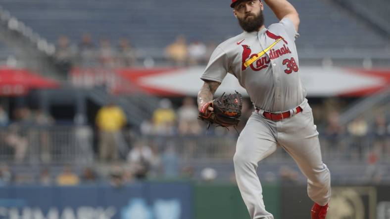 Aug 21, 2023; Pittsburgh, Pennsylvania, USA;  St. Louis Cardinals starting pitcher Drew Rom (38) delivers a pitch in his major league debut against the Pittsburgh Pirates during the first inning at PNC Park. Mandatory Credit: Charles LeClaire-USA TODAY Sports