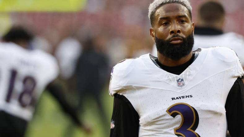 Aug 21, 2023; Landover, Maryland, USA; Baltimore Ravens wide receiver Odell Beckham Jr. (3) stands on the field during warmups prior to their game against the Washington Commanders at FedExField. Mandatory Credit: Geoff Burke-USA TODAY Sports