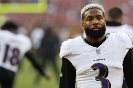 Aug 21, 2023; Landover, Maryland, USA; Baltimore Ravens wide receiver Odell Beckham Jr. (3) stands on the field during warmups prior to their game against the Washington Commanders at FedExField. Mandatory Credit: Geoff Burke-USA TODAY Sports
