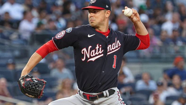 Aug 23, 2023; Bronx, New York, USA; Washington Nationals starting pitcher MacKenzie Gore (1) delivers a pitch during the first inning against the New York Yankees at Yankee Stadium. Mandatory Credit: Vincent Carchietta-USA TODAY Sports