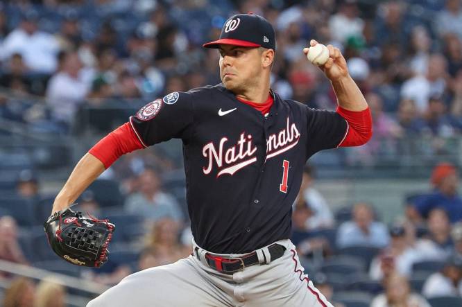 Aug 23, 2023; Bronx, New York, USA; Washington Nationals starting pitcher MacKenzie Gore (1) delivers a pitch during the first inning against the New York Yankees at Yankee Stadium. Mandatory Credit: Vincent Carchietta-USA TODAY Sports