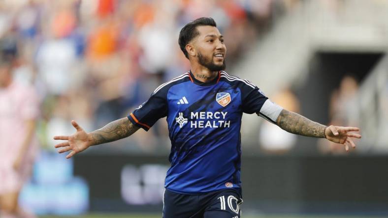 Aug 23, 2023; Cincinnati, OH, USA; FC Cincinnati midfielder Luciano Acosta (10) celebrates goal in the first half against the Inter Miami at TQL Stadium. Mandatory Credit: Katie Stratman-USA TODAY Sports