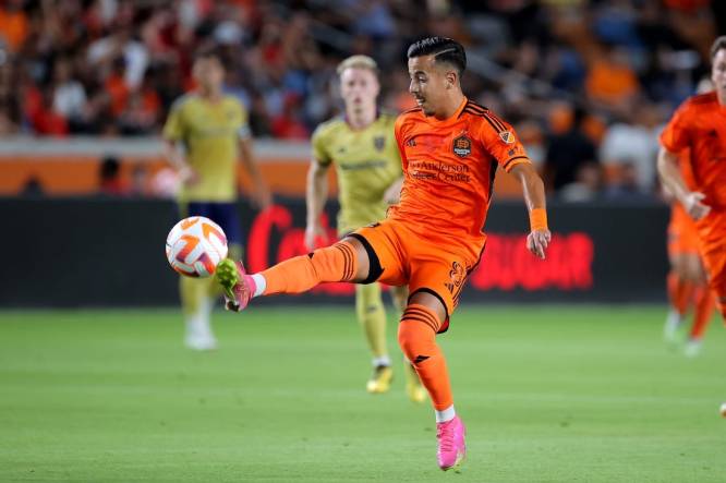 Aug 23, 2023; Houston, TX, USA; Houston Dynamo FC midfielder Amine Bassi (8) looks to control the ball against Real Salt Lake during the first half at Shell Energy Stadium. Mandatory Credit: Erik Williams-USA TODAY Sports