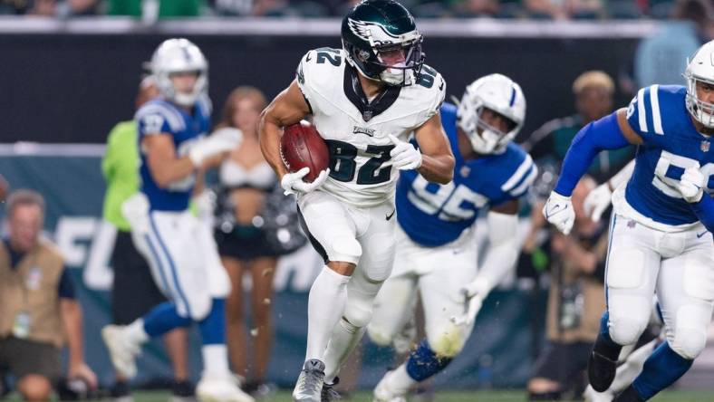 Aug 24, 2023; Philadelphia, Pennsylvania, USA; Philadelphia Eagles wide receiver Devon Allen (82) returns the opening kick off against the Indianapolis Colts during the first quarter at Lincoln Financial Field. Mandatory Credit: Bill Streicher-USA TODAY Sports