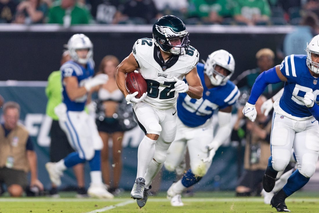 Aug 24, 2023; Philadelphia, Pennsylvania, USA; Philadelphia Eagles wide receiver Devon Allen (82) returns the opening kick off against the Indianapolis Colts during the first quarter at Lincoln Financial Field. Mandatory Credit: Bill Streicher-USA TODAY Sports