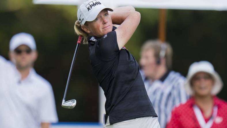 Aug 24, 2023; Vancouver, British Columbia, CAN; Stacy Lewis tees off on the seventeenth hole during the first round of the CPKC Women's Open golf tournament at Shaughnessy Golf & Country Club. Mandatory Credit: Bob Frid-USA TODAY Sports