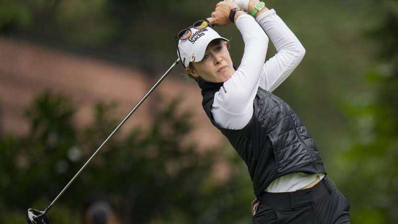 Aug 25, 2023; Vancouver, British Columbia, CAN; Nelly Korda tess off on the fourth hole during the second round of the CPKC Women's Open golf tournament at Shaughnessy Golf & Country Club. Mandatory Credit: Bob Frid-USA TODAY Sports