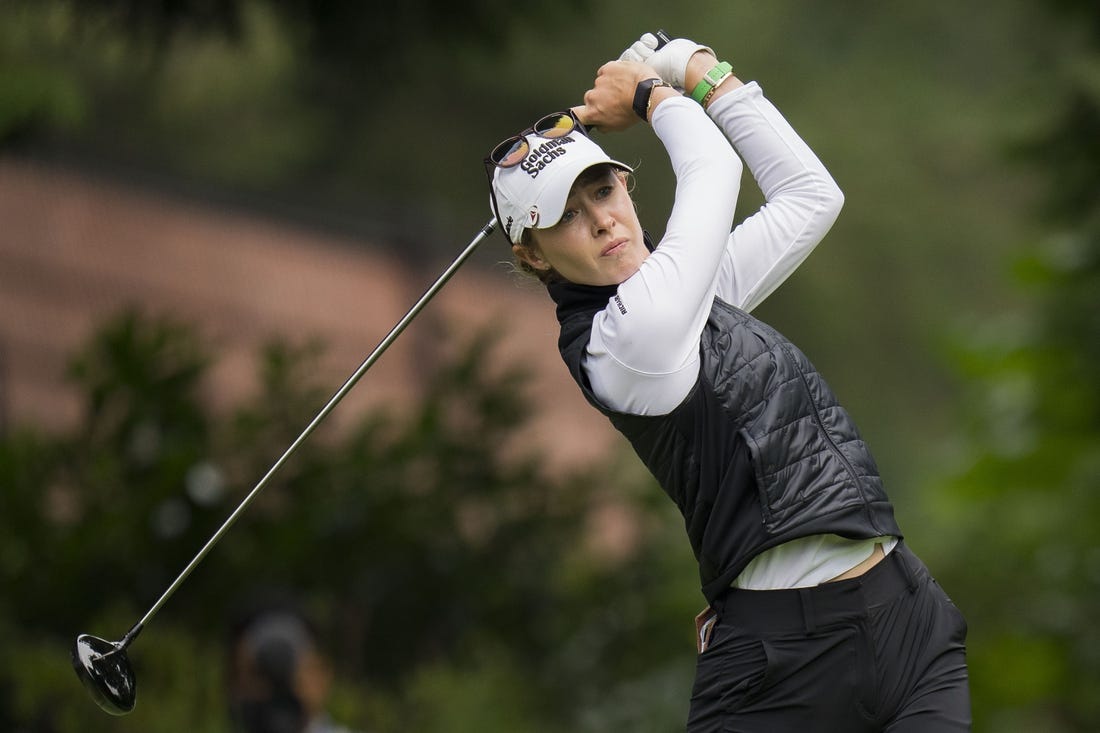 Aug 25, 2023; Vancouver, British Columbia, CAN; Nelly Korda tess off on the fourth hole during the second round of the CPKC Women's Open golf tournament at Shaughnessy Golf & Country Club. Mandatory Credit: Bob Frid-USA TODAY Sports