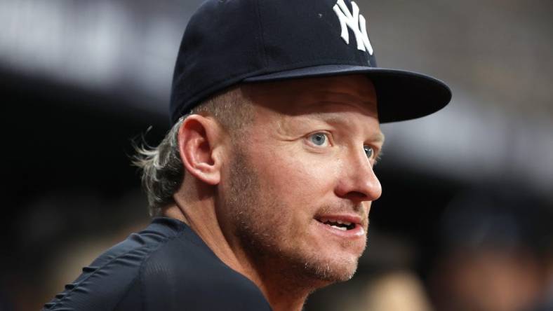 Aug 25, 2023; St. Petersburg, Florida, USA; New York Yankees infielder Josh Donaldson (28) looks on against the Tampa Bay Rays at Tropicana Field. Mandatory Credit: Kim Klement Neitzel-USA TODAY Sports