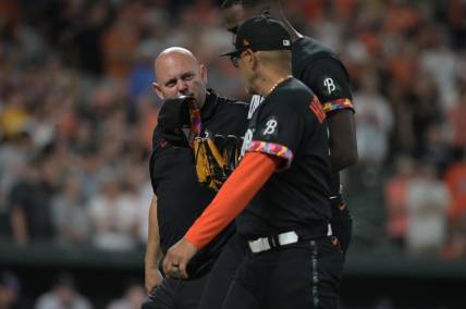 Aug 25, 2023; Baltimore, Maryland, USA; Baltimore Orioles relief pitcher Felix Bautista (74) walks off the field with major league coach Jos  Hern ndez (59) and team trainer during the ninth inning against the Colorado Rockies  at Oriole Park at Camden Yards. Mandatory Credit: Tommy Gilligan-USA TODAY Sports