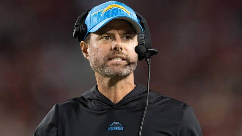 Aug 25, 2023; Santa Clara, California, USA; Los Angeles Chargers head coach Brandon Staley reacts during the fourth quarter against the San Francisco 49ers at Levi's Stadium. Mandatory Credit: Stan Szeto-USA TODAY Sports