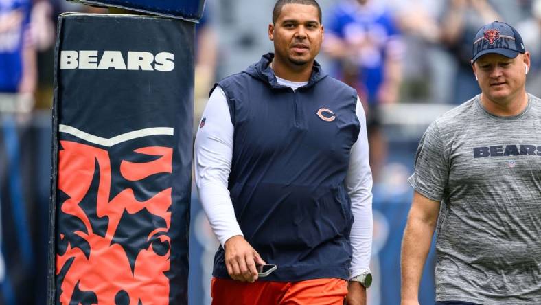 Chicago Bears general manager Ryan Poles looks on before a game against the Buffalo Bills at Soldier Field. Mandatory Credit: Daniel Bartel-USA TODAY Sports