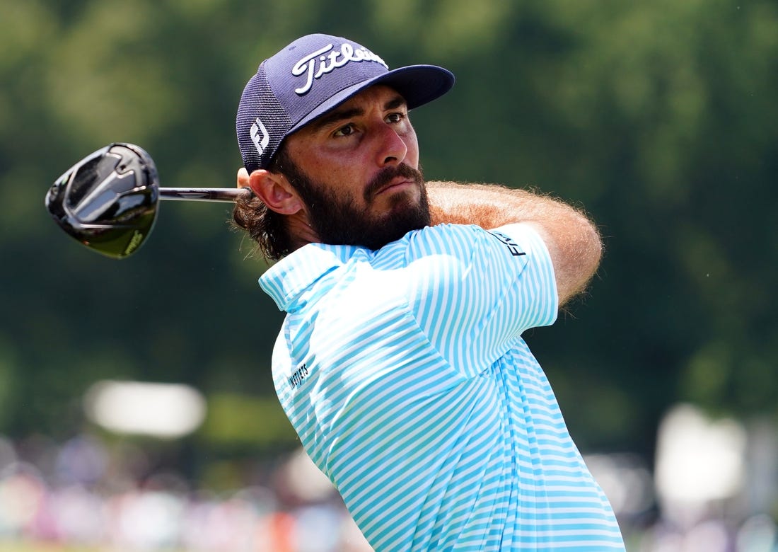 Aug 26, 2023; Atlanta, Georgia, USA; Max Homa plays his shot from the fourth tee during the third round of the TOUR Championship golf tournament at East Lake Golf Club. Mandatory Credit: John David Mercer-USA TODAY Sports