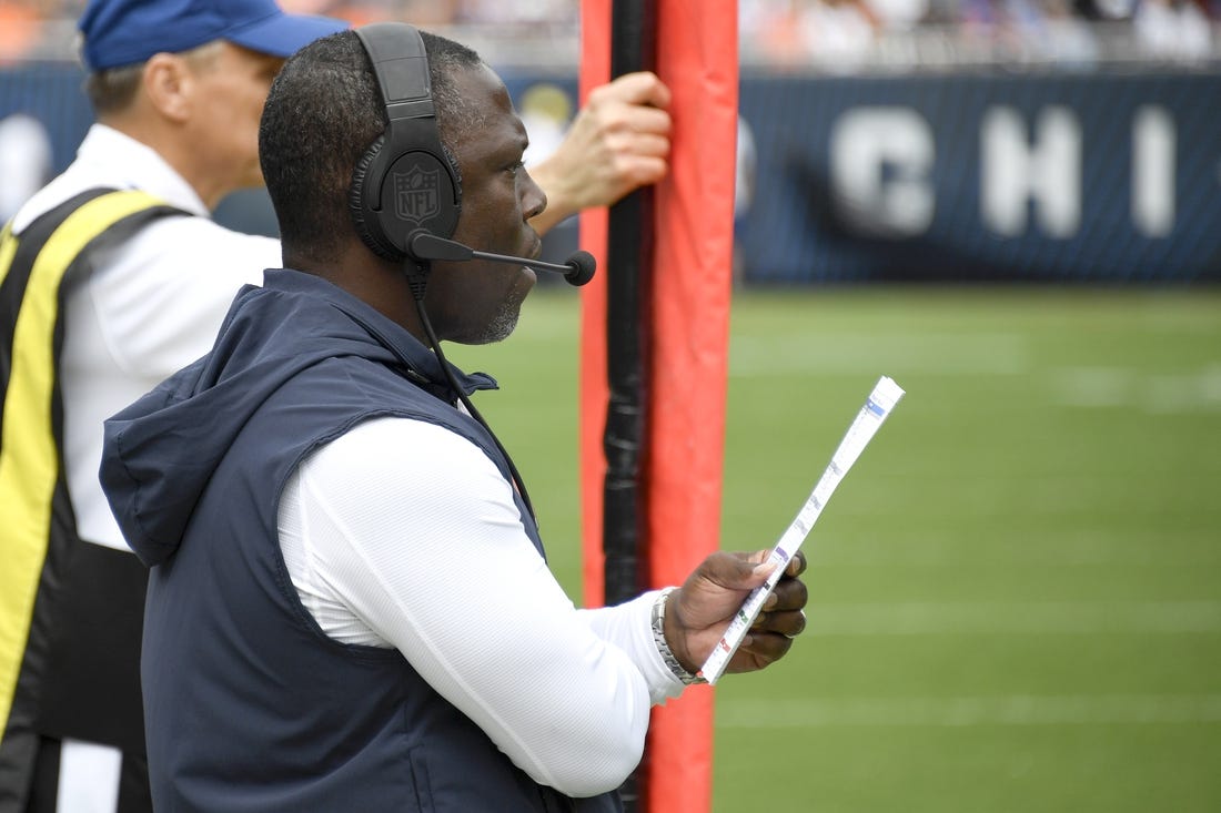 Aug 26, 2023; Chicago, Illinois, USA; Chicago Bears defensive coordinator Alan Williams on the sidelines during the first half against the Buffalo Bills at Soldier Field. Mandatory Credit: Matt Marton-USA TODAY Sports