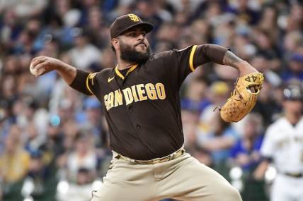 Aug 26, 2023; Milwaukee, Wisconsin, USA;  San Diego Padres pitcher Pedro Avila (60) pitches against the Milwaukee Brewers in the first inning at American Family Field. Mandatory Credit: Benny Sieu-USA TODAY Sports