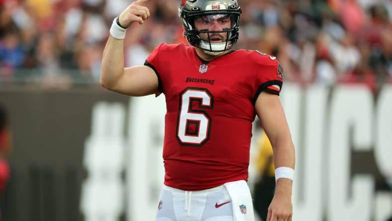 Aug 26, 2023; Tampa, Florida, USA; Tampa Bay Buccaneers quarterback Baker Mayfield (6) looks to the sidelines against the Baltimore Ravens during the first quarter at Raymond James Stadium. Mandatory Credit: Kim Klement Neitzel-USA TODAY Sports