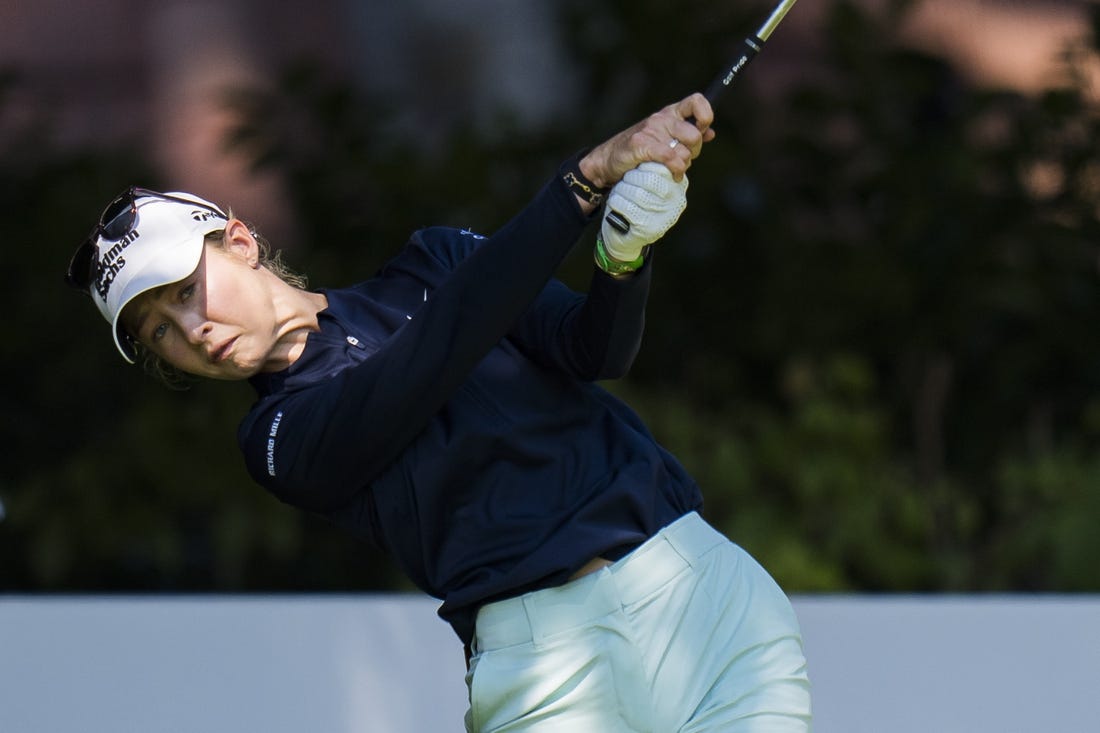 Aug 26, 2023; Vancouver, British Columbia, CAN; Nelly Korda tees off on the fourth hole during the third round of the CPKC Women's Open golf tournament at Shaughnessy Golf & Country Club. Mandatory Credit: Bob Frid-USA TODAY Sports