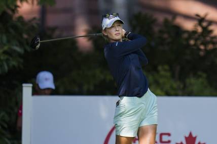 Aug 26, 2023; Vancouver, British Columbia, CAN; Nelly Korda tees off on the fourth hole during the third round of the CPKC Women's Open golf tournament at Shaughnessy Golf & Country Club. Mandatory Credit: Bob Frid-USA TODAY Sports