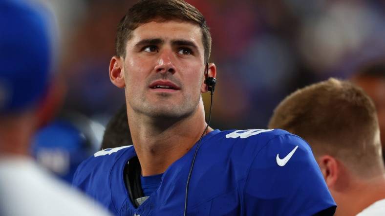 Aug 26, 2023; East Rutherford, New Jersey, USA; New York Giants quarterback Daniel Jones (8) on the sidelines against the New York Jets during the second half at MetLife Stadium. Mandatory Credit: Ed Mulholland-USA TODAY Sports