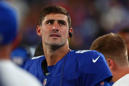 Aug 26, 2023; East Rutherford, New Jersey, USA; New York Giants quarterback Daniel Jones (8) on the sidelines against the New York Jets during the second half at MetLife Stadium. Mandatory Credit: Ed Mulholland-USA TODAY Sports