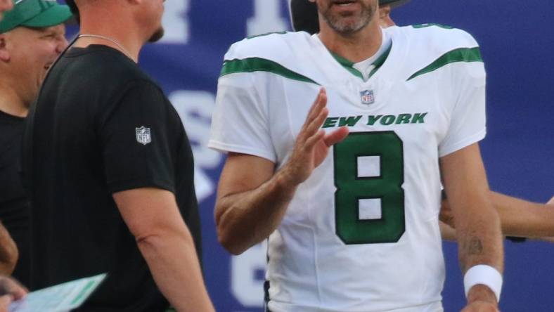 East Rutherford, NJ August 26, 2023 -- Jets offensive coordinator Nathaniel Hackett and Aaron Rodgers in the first half. The NY Jets against the NY Giants on August 26, 2023 at MetLife Stadium in East Rutherford, NJ, as the rivals play their final preseason game before the start of the NFL season.