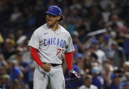 Aug 26, 2023; Pittsburgh, Pennsylvania, USA;  Chicago Cubs relief pitcher Adbert Alzolay (73) reacts after defeating the Pittsburgh Pirates at PNC Park. Chicago won 10-6. Mandatory Credit: Charles LeClaire-USA TODAY Sports