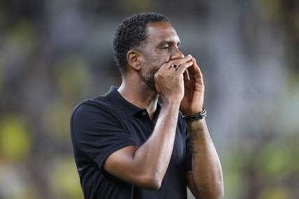 Aug 26, 2023; Columbus, Ohio, USA; Columbus Crew SC Head Coach Wilfried Nancy gestures during the second half at Lower.com Field. Mandatory Credit: Joseph Maiorana-USA TODAY Sports