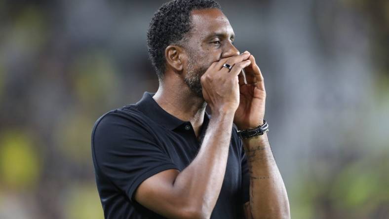 Aug 26, 2023; Columbus, Ohio, USA; Columbus Crew SC Head Coach Wilfried Nancy gestures during the second half at Lower.com Field. Mandatory Credit: Joseph Maiorana-USA TODAY Sports