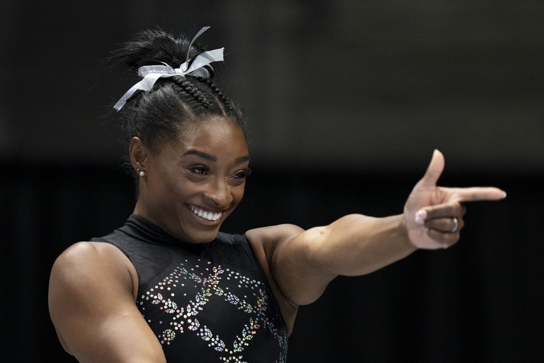 August 27, 2023; San Jose, California, USA; Simone Biles practices her routine during the 2023 U.S. Gymnastics Championships at SAP Center. Mandatory Credit: Kyle Terada-USA TODAY