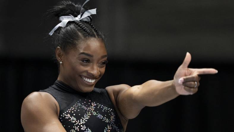 August 27, 2023; San Jose, California, USA; Simone Biles practices her routine during the 2023 U.S. Gymnastics Championships at SAP Center. Mandatory Credit: Kyle Terada-USA TODAY