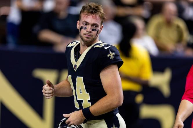 Aug 27, 2023; New Orleans, Louisiana, USA;  New Orleans Saints quarterback Jake Haener (14) against the Houston Texans during the first half at the Caesars Superdome. Mandatory Credit: Stephen Lew-USA TODAY Sports