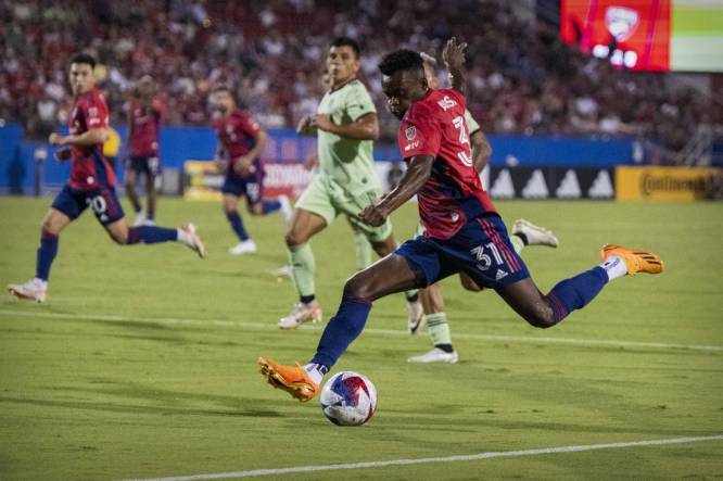 Aug 26, 2023; Frisco, Texas, USA; FC Dallas forward Eugene Ansah (31) in action during the game between FC Dallas and Austin FC at Toyota Stadium. Mandatory Credit: Jerome Miron-USA TODAY Sports
