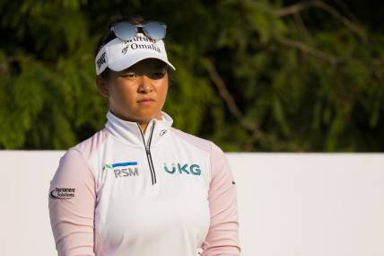 Aug 27, 2023; Vancouver, British Columbia, CAN; Megan Khang tees off on the sixteenth hole during the final round of the CPKC Women's Open golf tournament at Shaughnessy Golf & Country Club. Mandatory Credit: Bob Frid-USA TODAY Sports