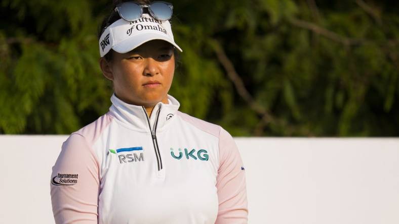 Aug 27, 2023; Vancouver, British Columbia, CAN; Megan Khang tees off on the sixteenth hole during the final round of the CPKC Women's Open golf tournament at Shaughnessy Golf & Country Club. Mandatory Credit: Bob Frid-USA TODAY Sports