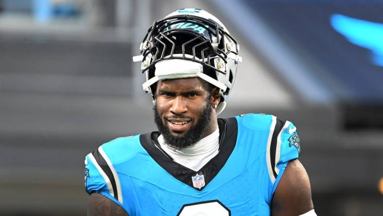 Aug 25, 2023; Charlotte, North Carolina, USA; Carolina Panthers linebacker Brian Burns (0) warms up before the game at Bank of America Stadium. Mandatory Credit: Bob Donnan-USA TODAY Sports