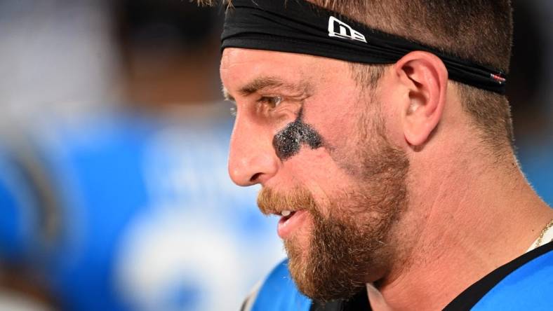 Aug 25, 2023; Charlotte, North Carolina, USA;  Carolina Panthers wide receiver Adam Thielen (19) on the sidelines in the second quarter at Bank of America Stadium. Mandatory Credit: Bob Donnan-USA TODAY Sports