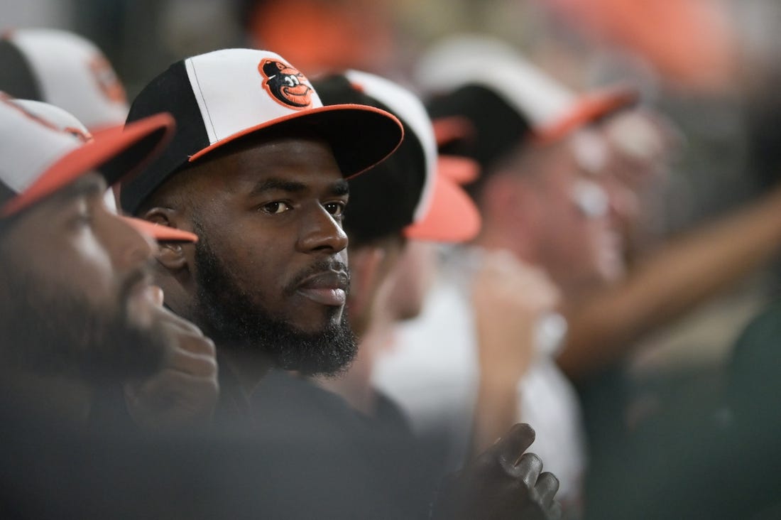 Aug 28, 2023; Baltimore, Maryland, USA;  Baltimore Orioles relief pitcher Felix Bautista (74)  sits in the dugout during the eighth inning against the Chicago White Sox at Oriole Park at Camden Yards. Mandatory Credit: Tommy Gilligan-USA TODAY Sports