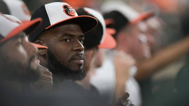 Aug 28, 2023; Baltimore, Maryland, USA;  Baltimore Orioles relief pitcher Felix Bautista (74)  sits in the dugout during the eighth inning against the Chicago White Sox at Oriole Park at Camden Yards. Mandatory Credit: Tommy Gilligan-USA TODAY Sports