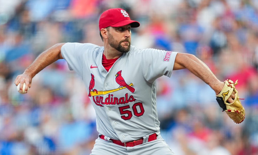 Aug 11, 2023; Kansas City, Missouri, USA; St. Louis Cardinals starting pitcher Adam Wainwright (50) pitches during the first inning against the Kansas City Royals at Kauffman Stadium. Mandatory Credit: Jay Biggerstaff-USA TODAY Sports