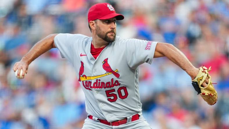 Aug 11, 2023; Kansas City, Missouri, USA; St. Louis Cardinals starting pitcher Adam Wainwright (50) pitches during the first inning against the Kansas City Royals at Kauffman Stadium. Mandatory Credit: Jay Biggerstaff-USA TODAY Sports